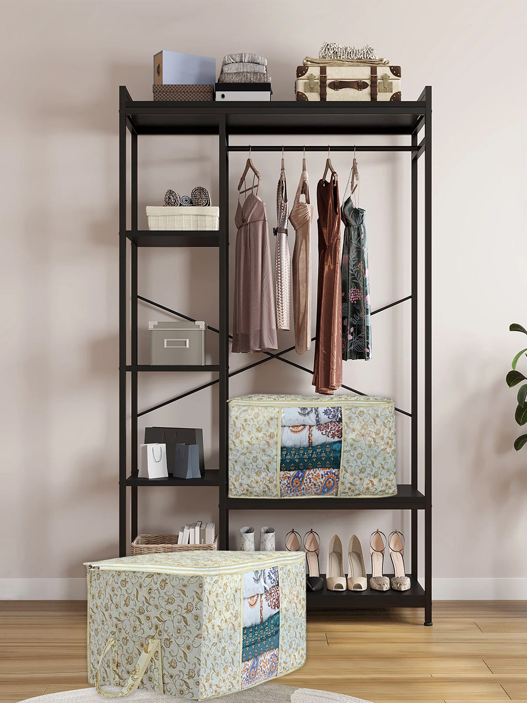 Kuber Industries Brown 9 Pieces Printed Underbed Storage Organizers