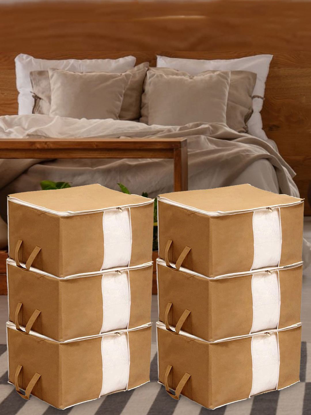 Kuber Industries Brown 6 Pieces Multi-Utility Underbed Blanket Storage Organisers