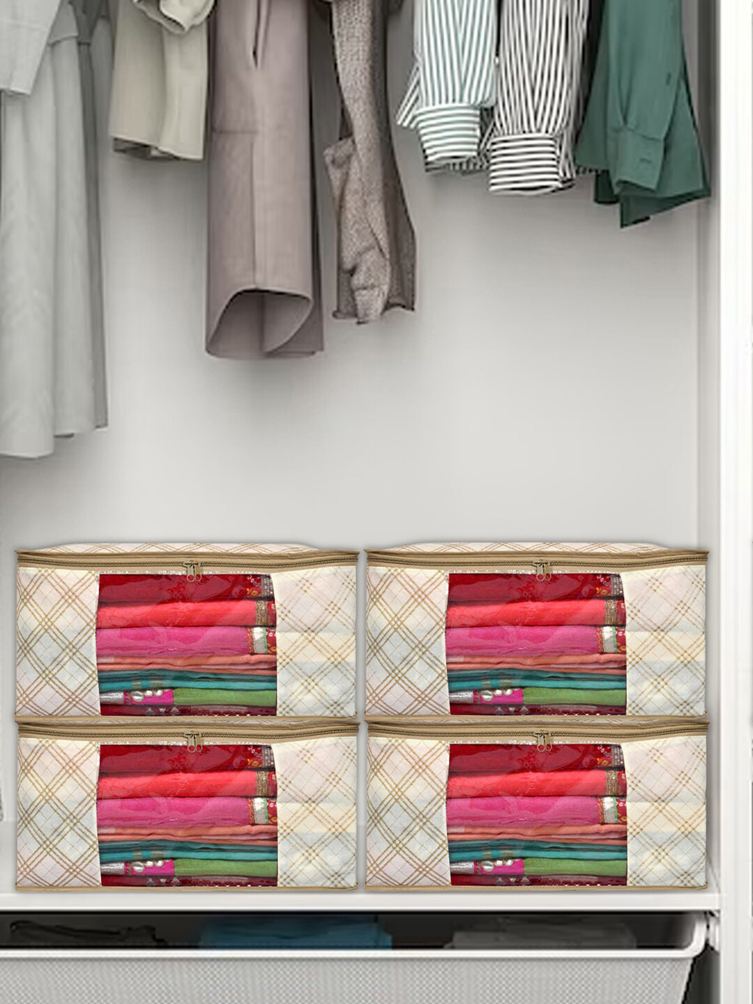 Kuber Industries Set of 12 Beige & Cream Checked Non Woven Saree Cover Organizers