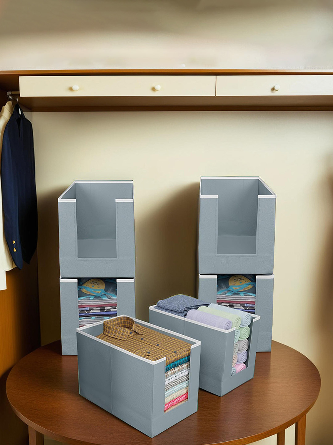 Kuber Industries Grey 6 Piece Non Woven Shirt Stacker Wardrobe Organisers