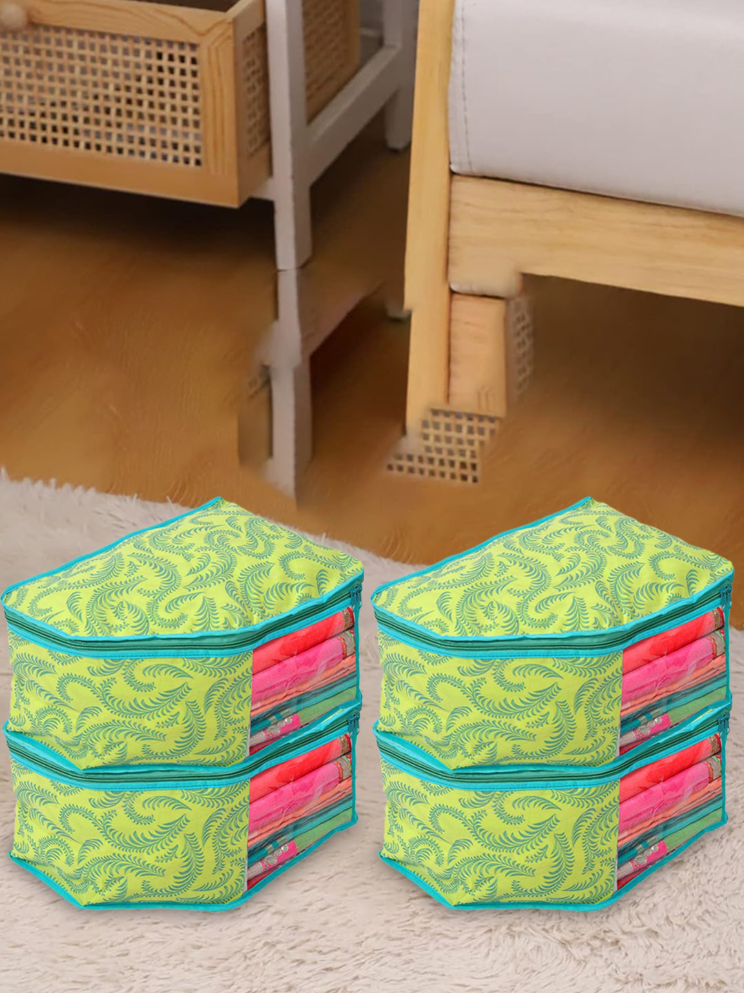 Kuber Industries Green 4 Pieces Printed Fabric Saree Organizers