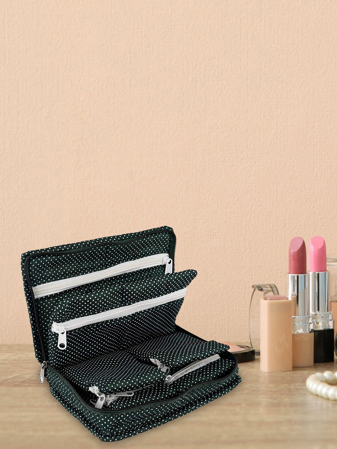 Kuber Industries Green 7 Pocket Polka Dot Printed Jewellery Storage Bag