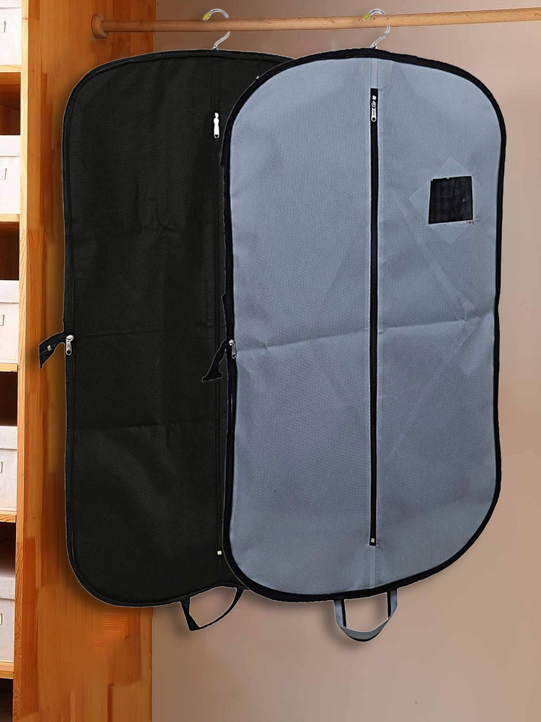 Kuber Industries Pack of 2 Grey & Black Foldable Coat Blazer Suit Cover Organizer Jacket