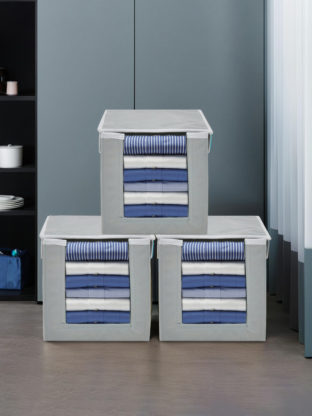 Kuber Industries Grey 3 Pieces Non-Woven Cloth Stacker Organisers