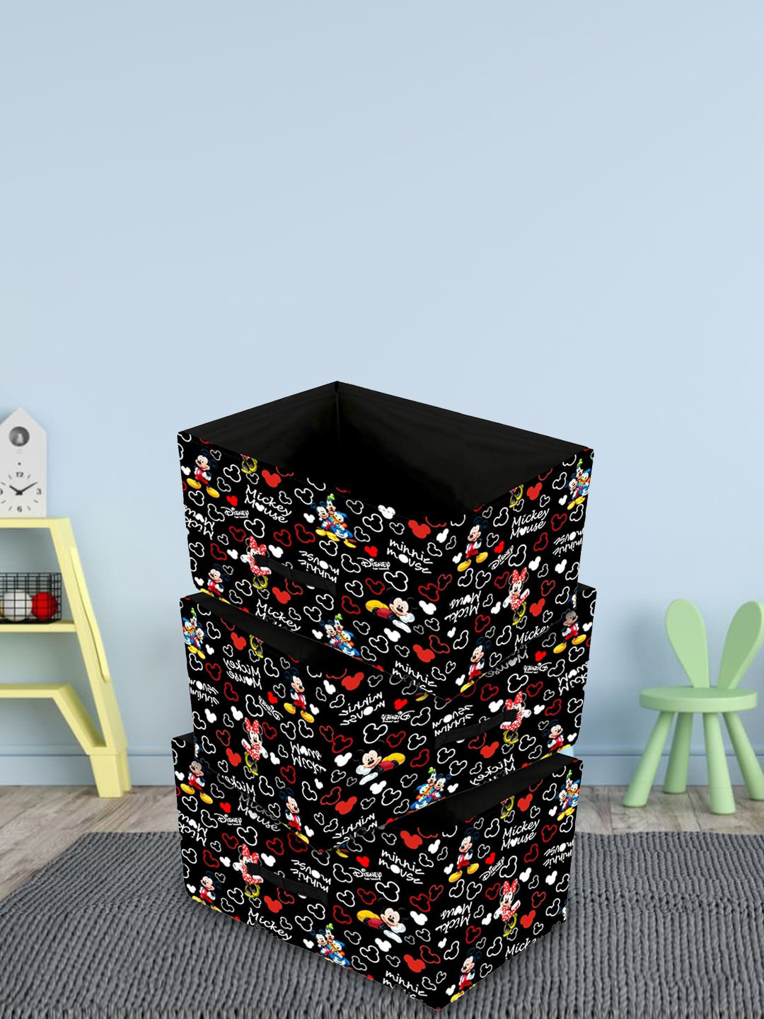 Kuber Industries Black 3 Pcs Disney Mickey Print Non Woven Fabric Multi-Utility Organizers