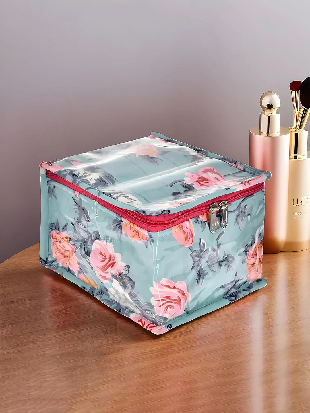 Kuber Industries Green & Pink Printed Jewellery Organisers With 10 Transparent Pouches