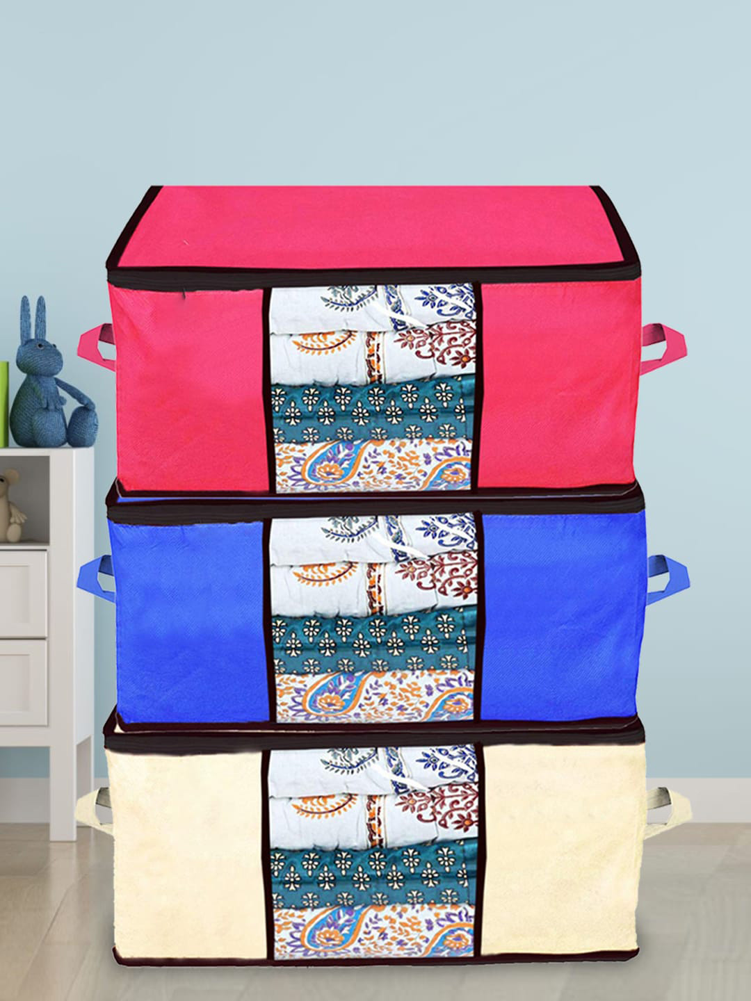 Kuber Industries Blue & Red 3-Pieces Underbed Storage Organizers