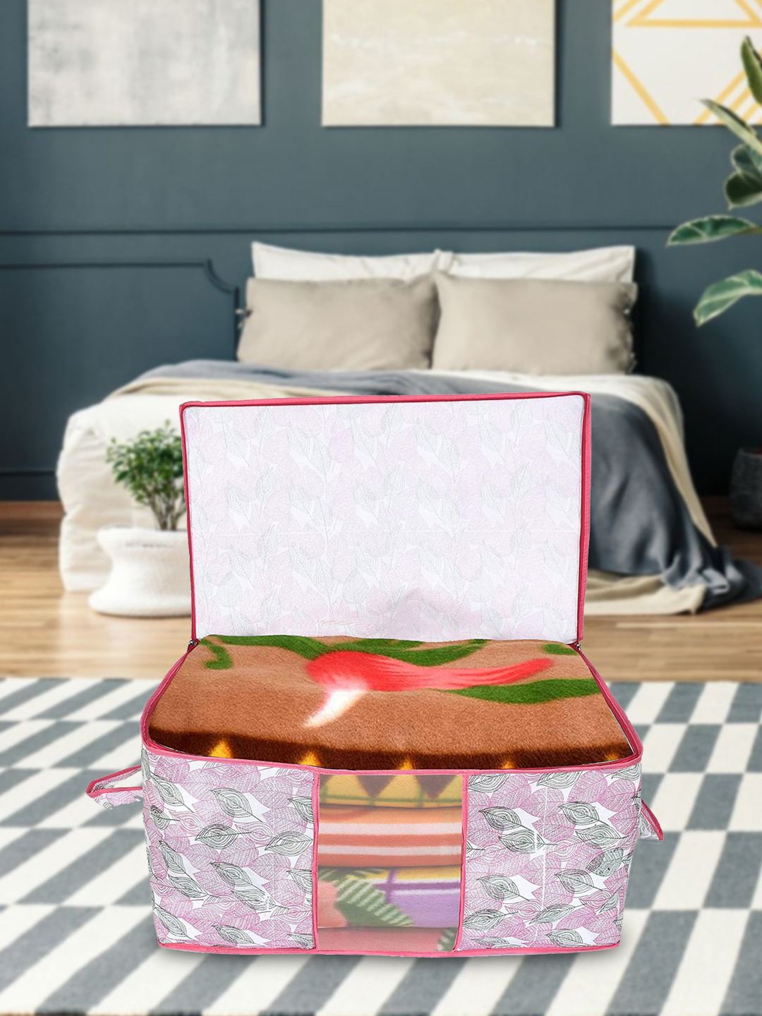Kuber Industries 2 Pcs White & Pink Leafy Printed Foldable Underbed Clothes Organizers