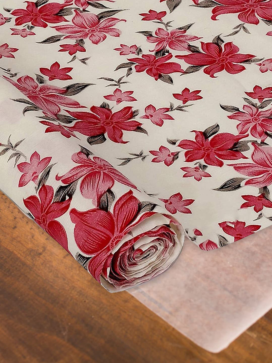 Kuber Industries Cream & Red Floral Printed Anti Slip Shelf Cover Roll