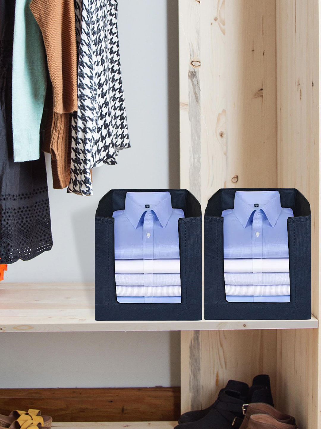 Kuber Industries Navy Blue 2 Pieces Shirt Stacker Wardrobe Organizers