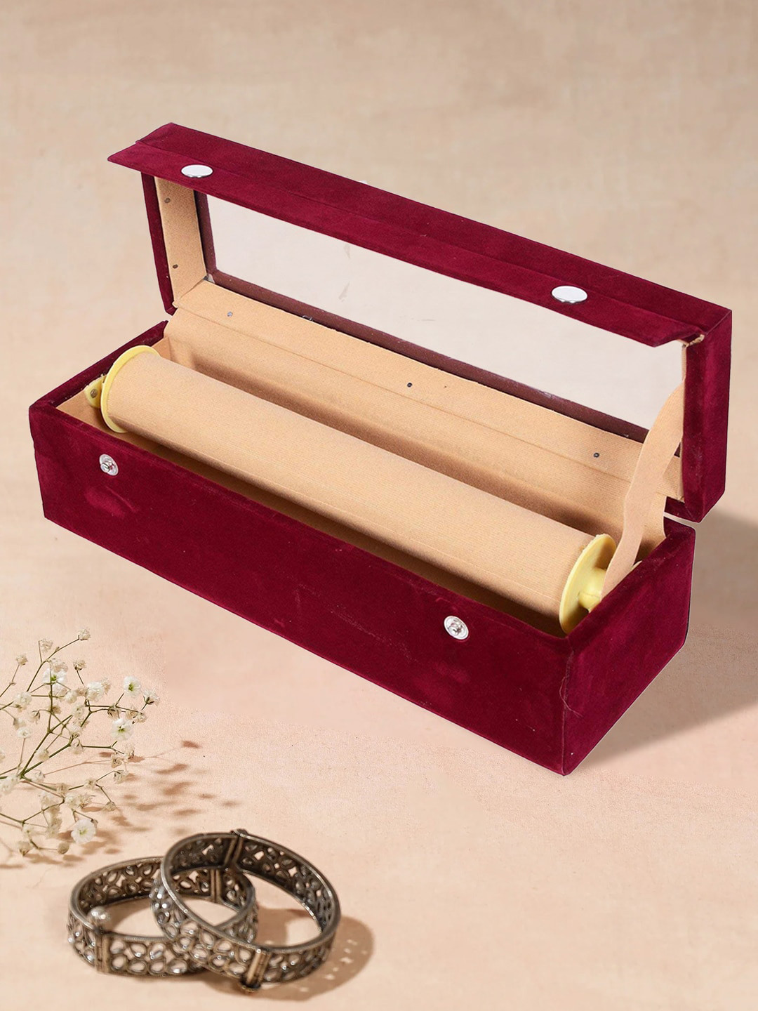 Kuber Industries Maroon Wooden One Rod Velvet Bangle Box