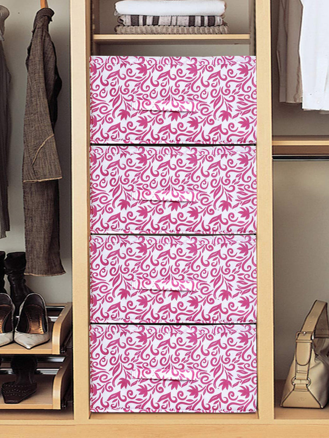 Kuber Industries 4 Pcs White & Pink Printed Drawer Organizers