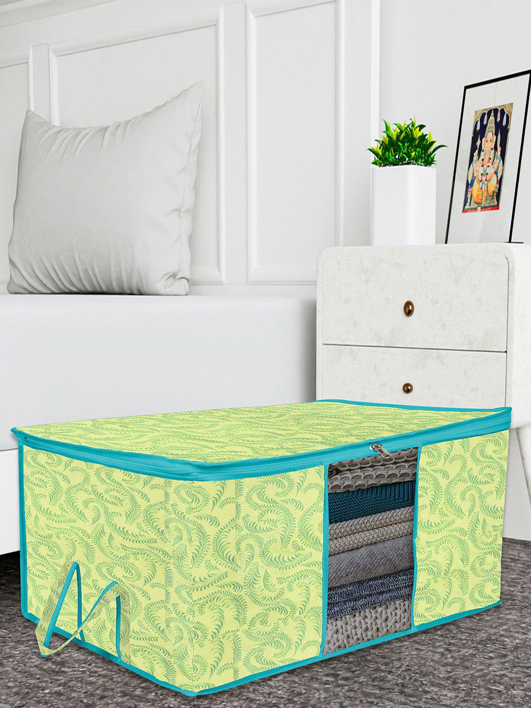 Kuber Industries Olive-Green 4 Pieces Printed Underbed Storage Organisers