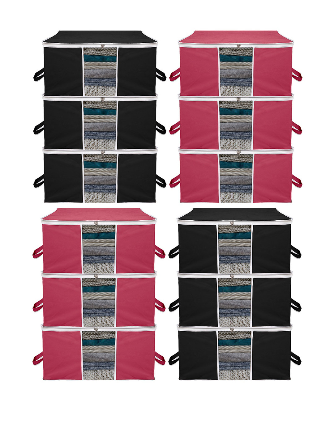 Kuber Industries Maroon & Black 12 Pieces Non-Woven Underbed Foldable Clothes Organizers
