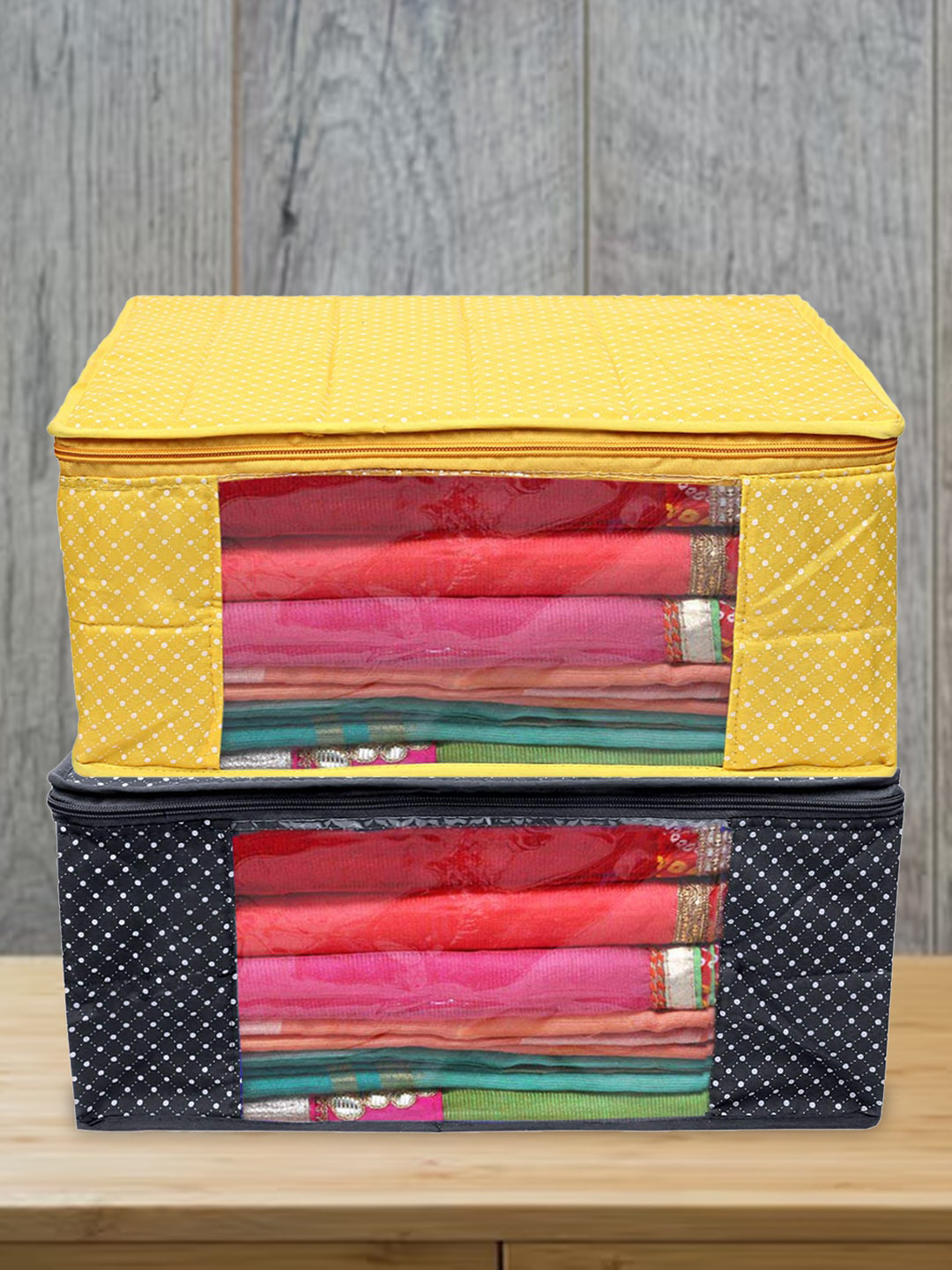 Kuber Industries Yellow & Black 2-Pieces Printed Cotton Saree Covers