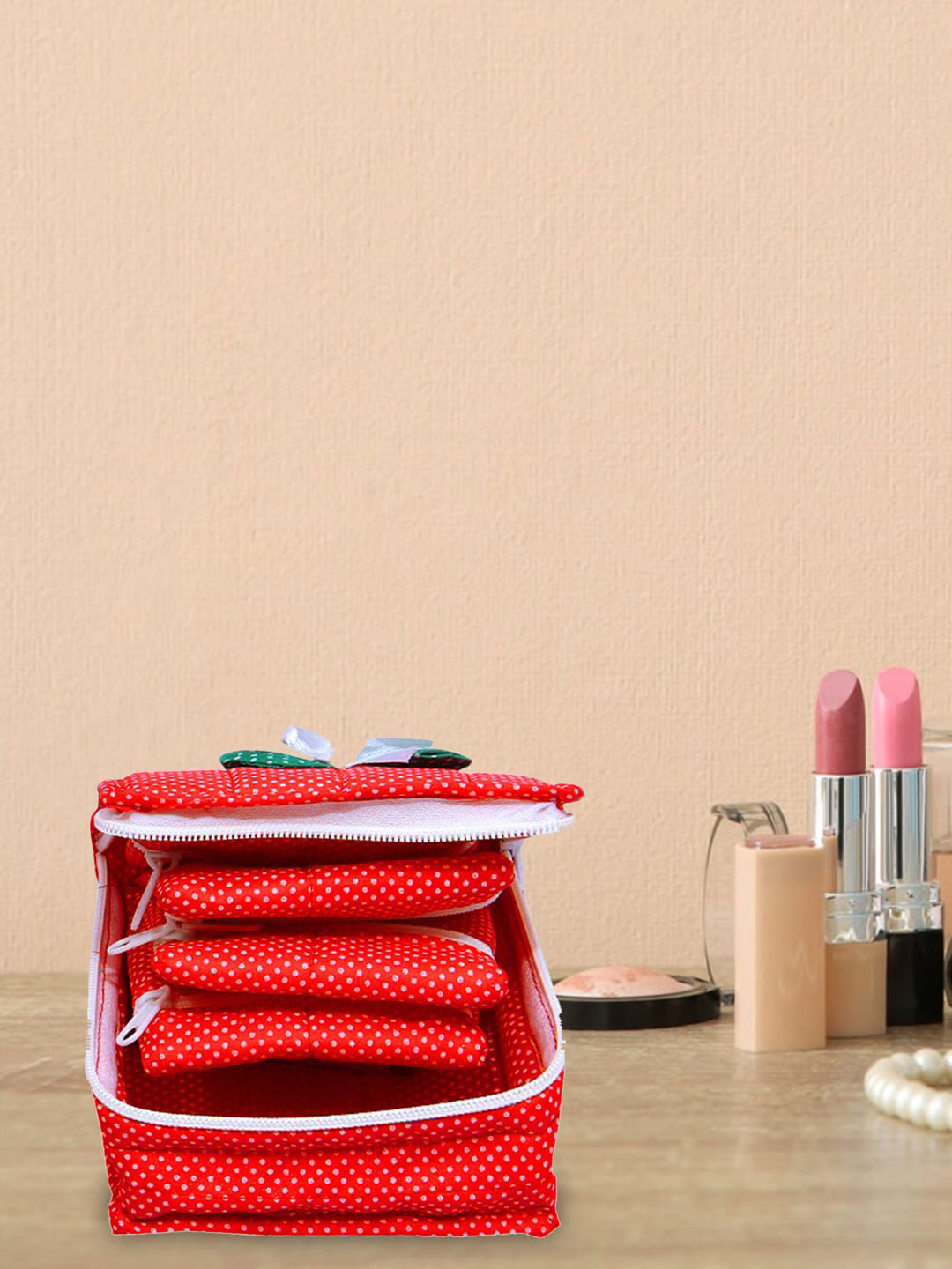 Kuber Industries Red 2 Pieces Cotton Jewellery Pouch Come Makeup Organiser Kit