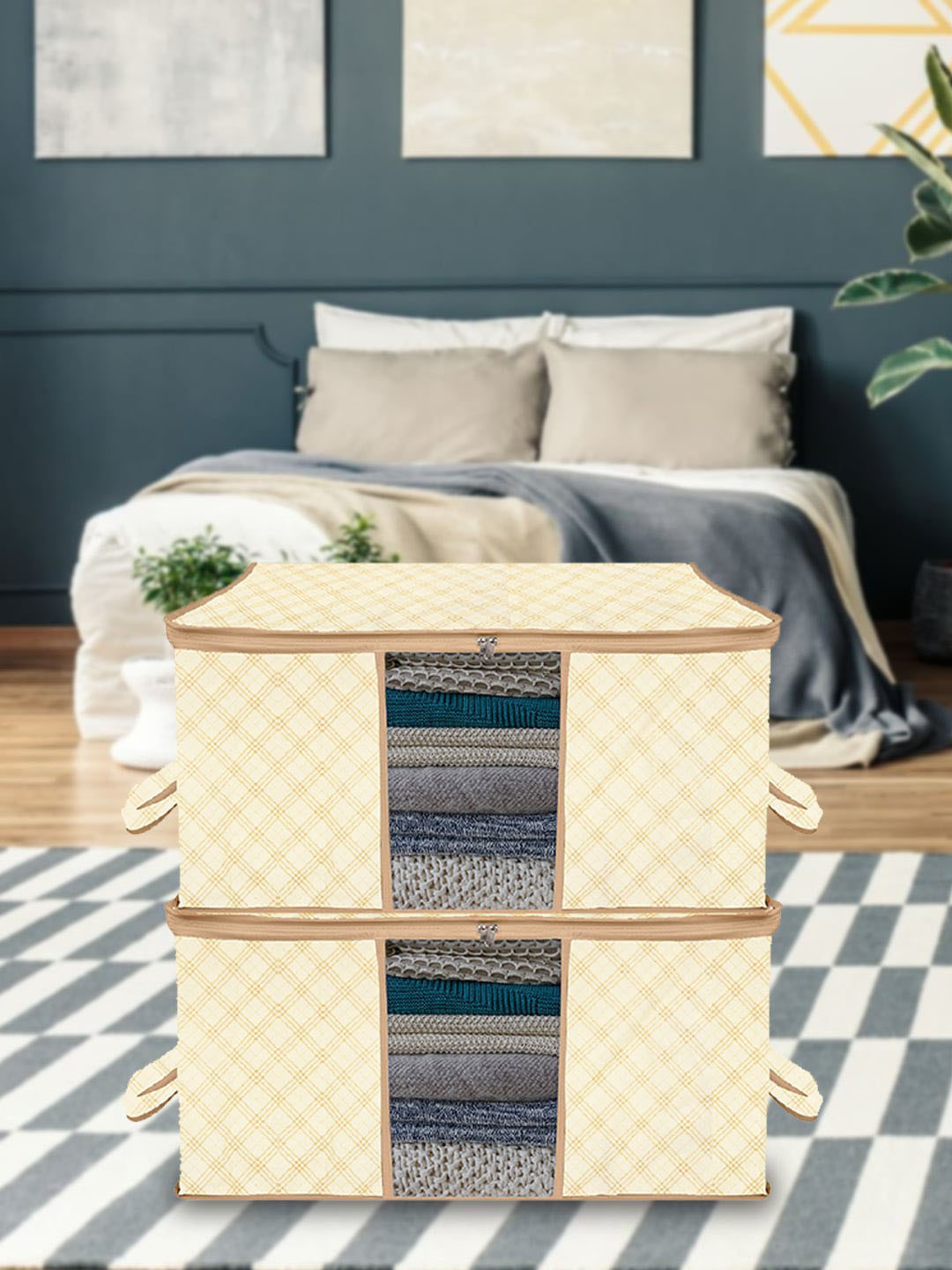 Kuber Industries 8 Pcs Yellow Checked Fabric Saree Organizers