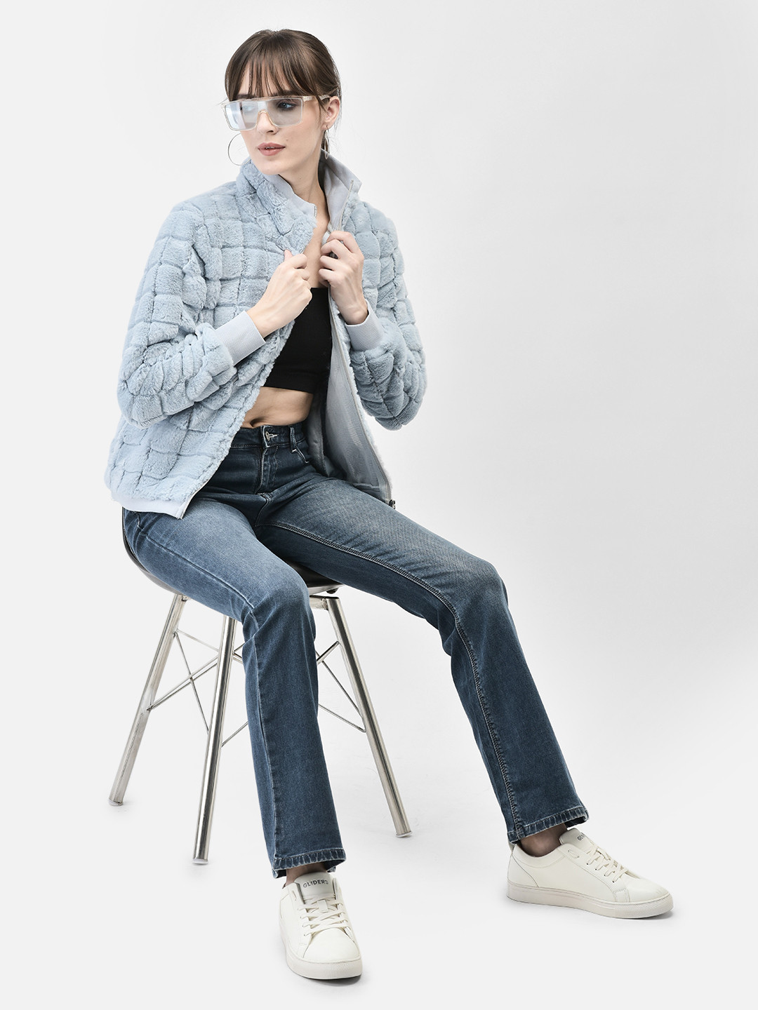 Crimsoune Club Mock Collar Checked Fur Tailored Jacket