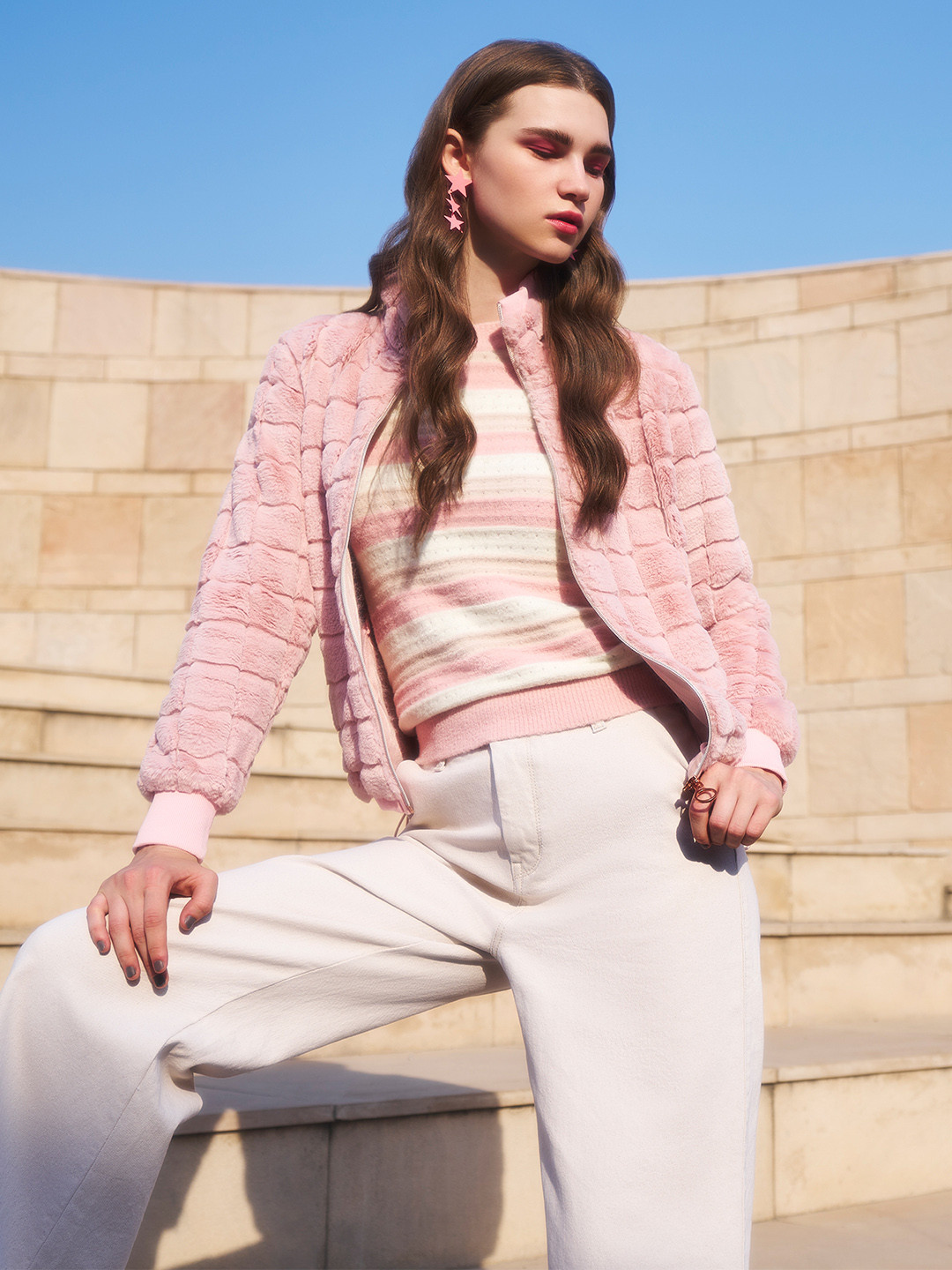 Crimsoune Club Mock Collar Checked Fur Tailored Jacket