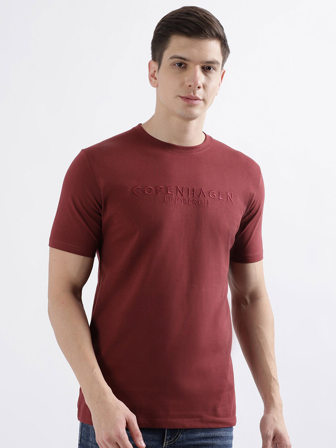 LINDBERGH Typography Self Design Round Neck Short Sleeves Relaxed Fit Pure Cotton T-shirt