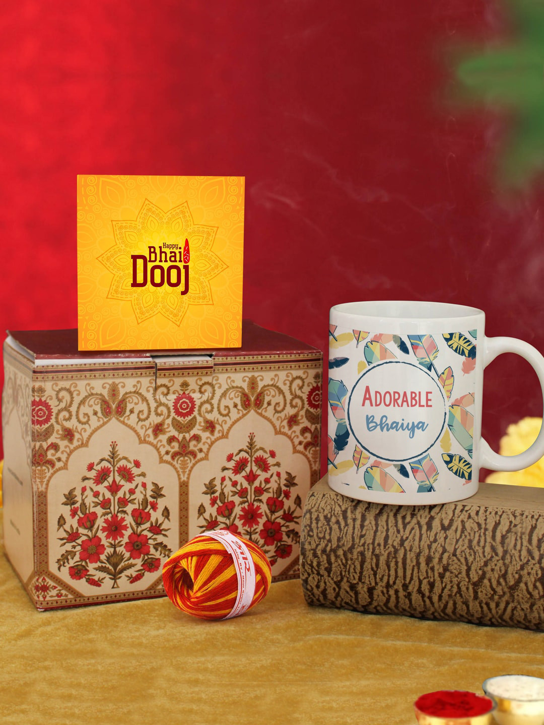 TIED RIBBONS White & Yellow 4 Pieces Printed Coffee Mug Card & Kalawa