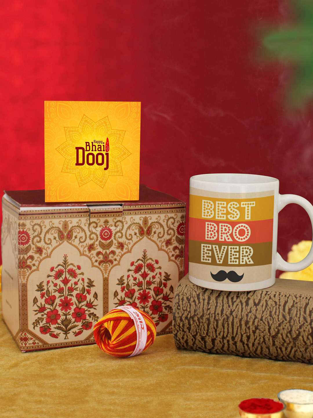 TIED RIBBONS Yellow & White 4 Pieces Printed Coffee Mug Card & Kalawa Bhai Dooj Gift