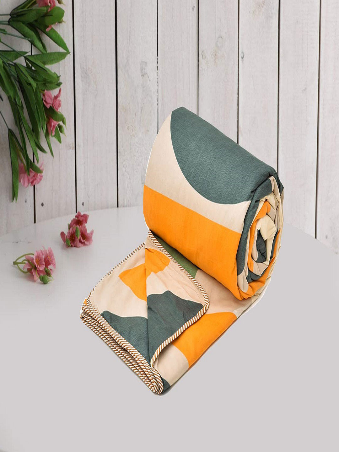 RRC Yellow & Green Geometric Reversible AC Room 120 GSM Double Bed Dohar