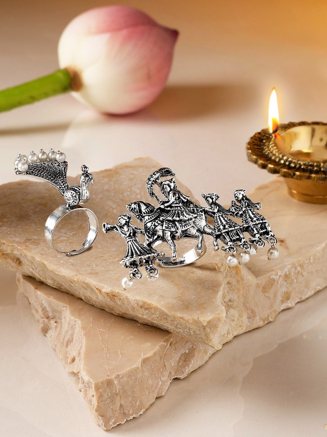 Zaveri Pearls Set of 2 Silver Plated Barat & Peacock Design Oxidised Finger Rings