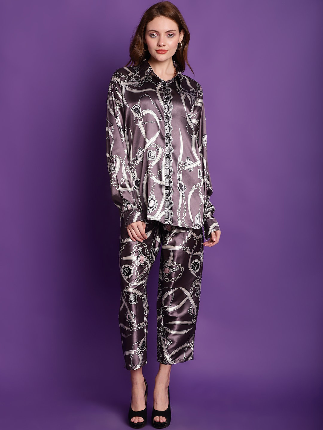 TAG 7 Abstract Printed Loose Fit Satin Shirt & Trousers