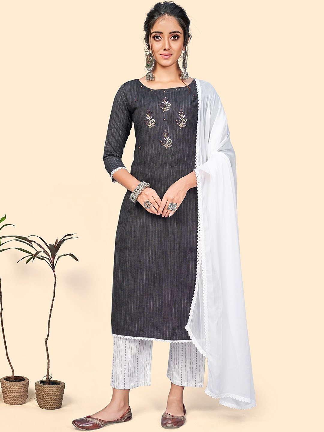 Vbuyz Striped Floral Embroidered Straight Kurta With Trousers & Dupatta