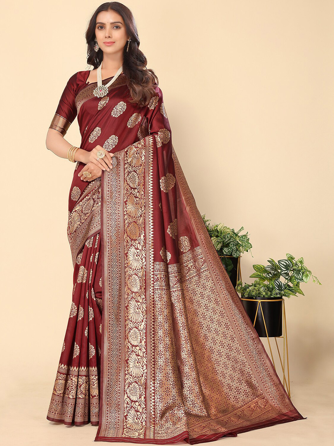 Leeza Store Ethnic Motif Woven Design Zari Banarasi Saree