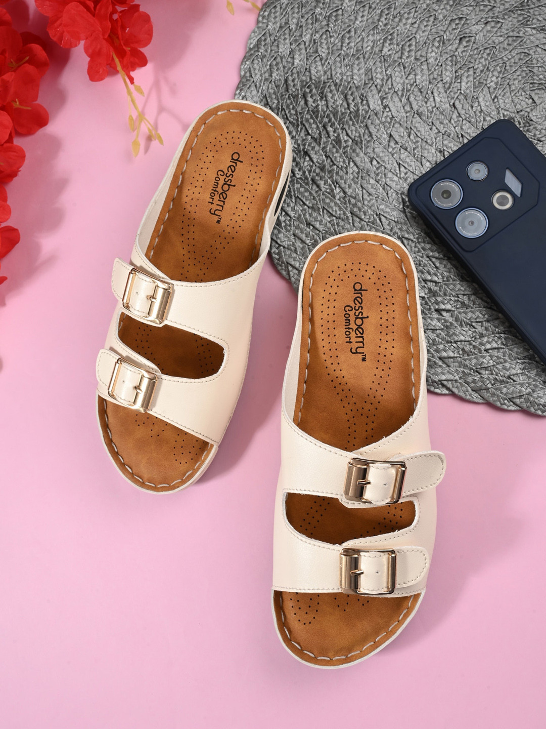 DressBerry Cream-Coloured Buckle Detail Open Toe Flats