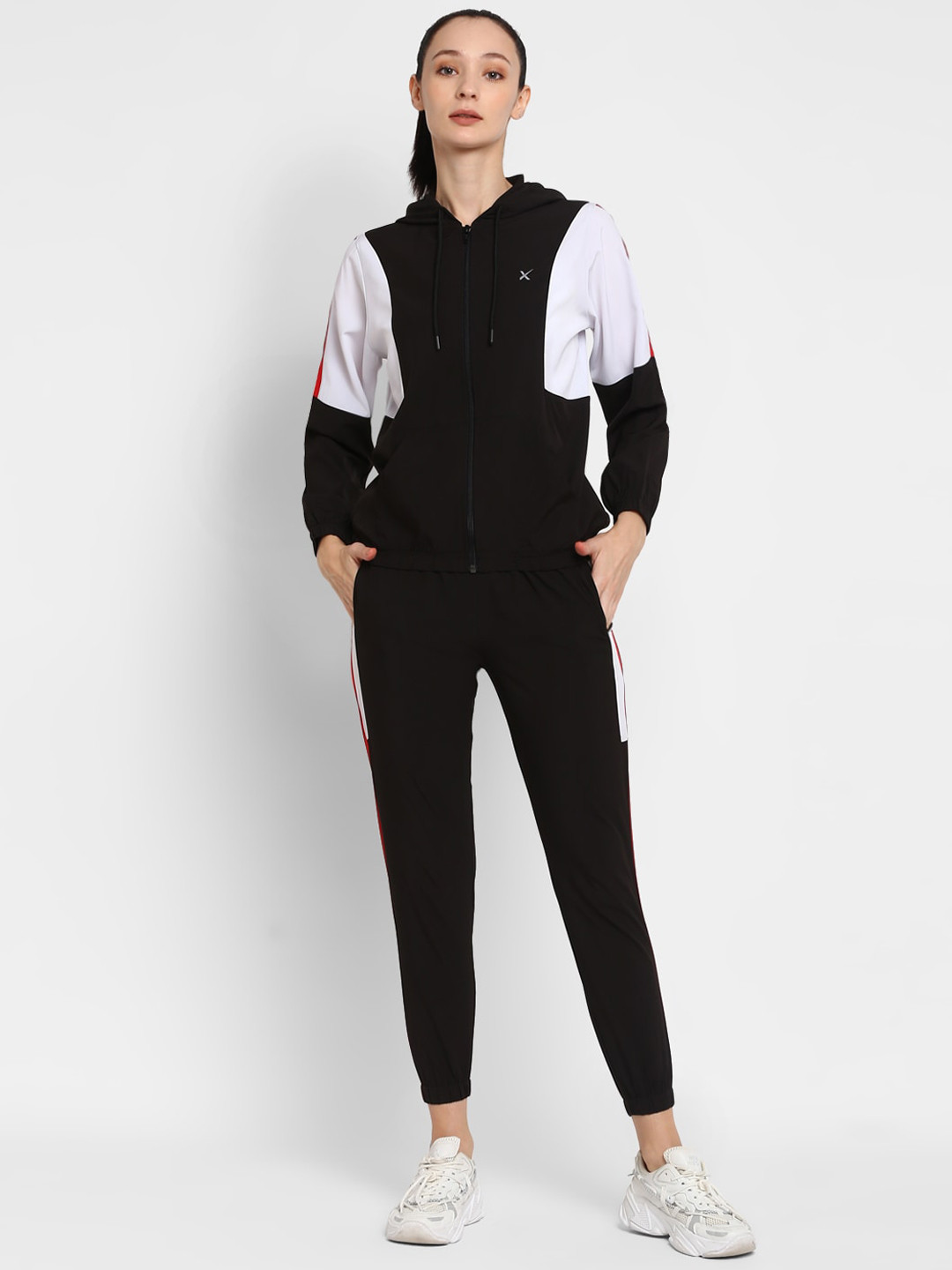 HRX by Hrithik Roshan Black White Brand Logo Hooded Neck Long Sleeve Tracksuits