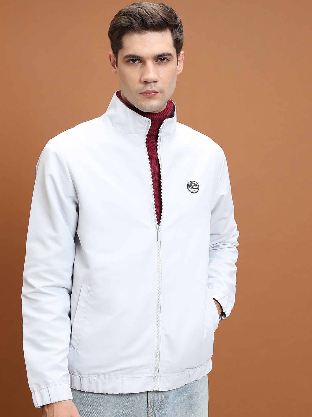 HIGHLANDER Men Grey Mock Collar Bomber Jacket