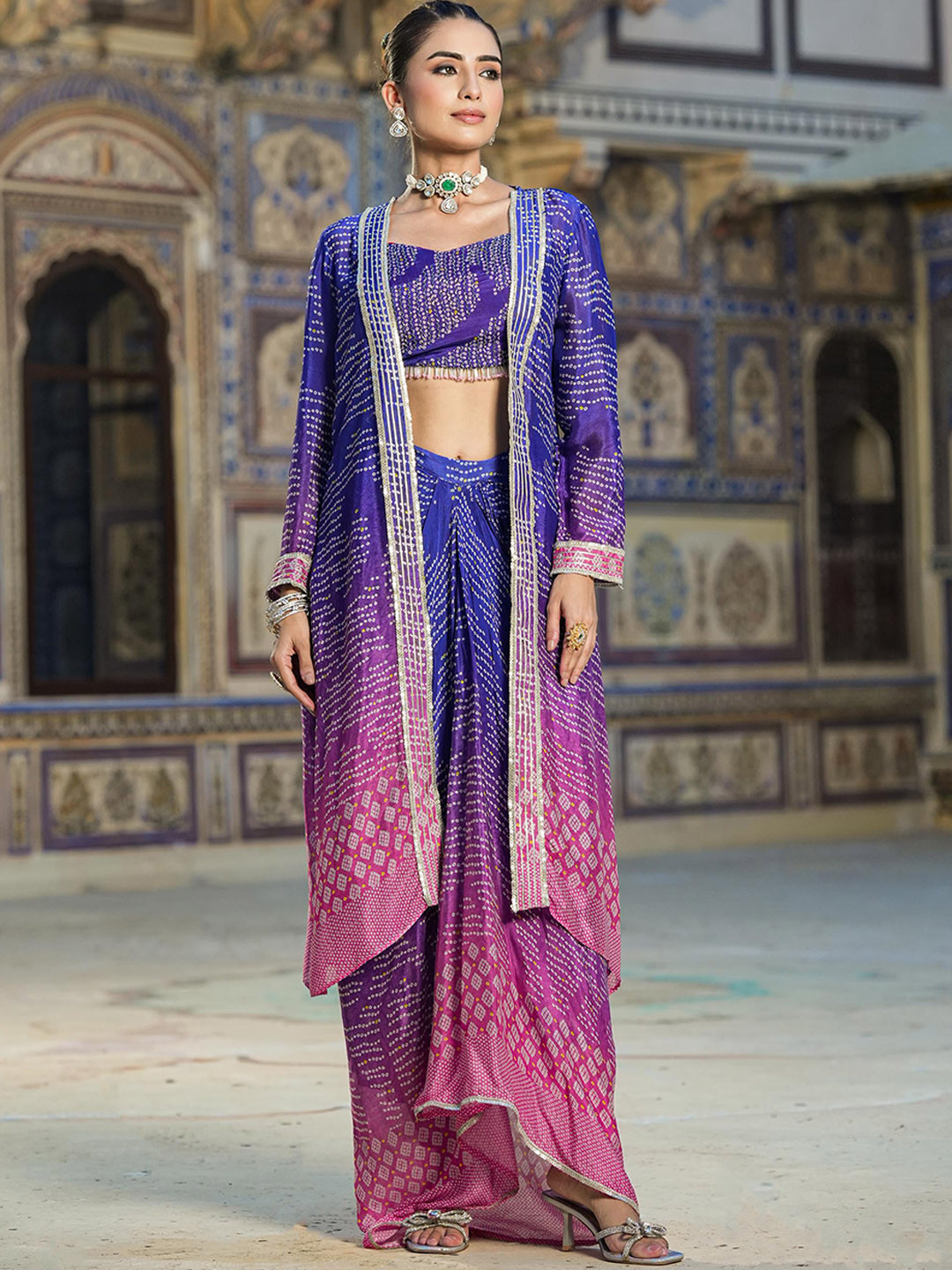 SCAKHI Printed Shoulder Straps Square Neck Top & Maci Skirt With Shrug