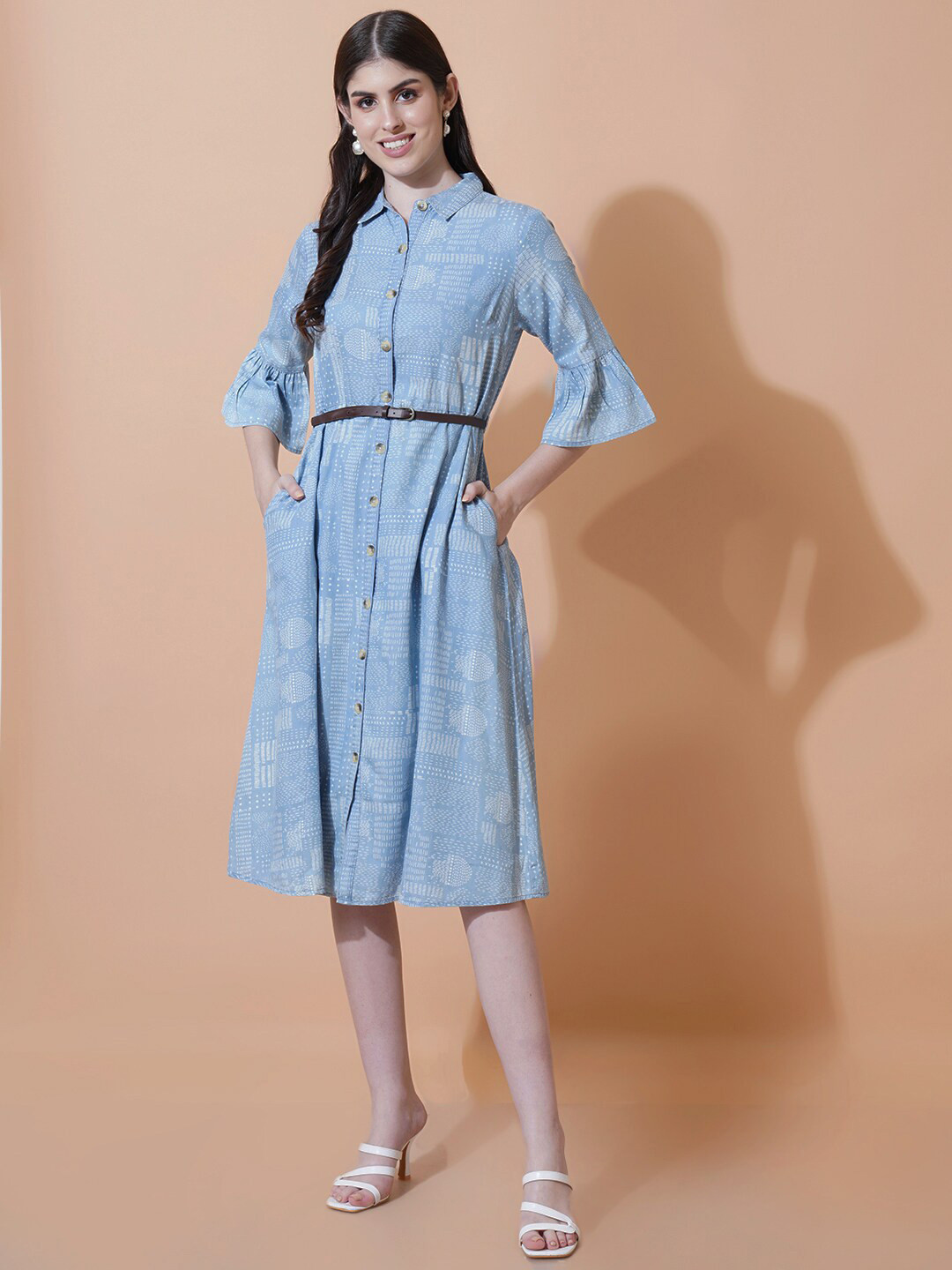 IX IMPRESSION Abstract Printed Shirt Collar Denim Shirt Dress
