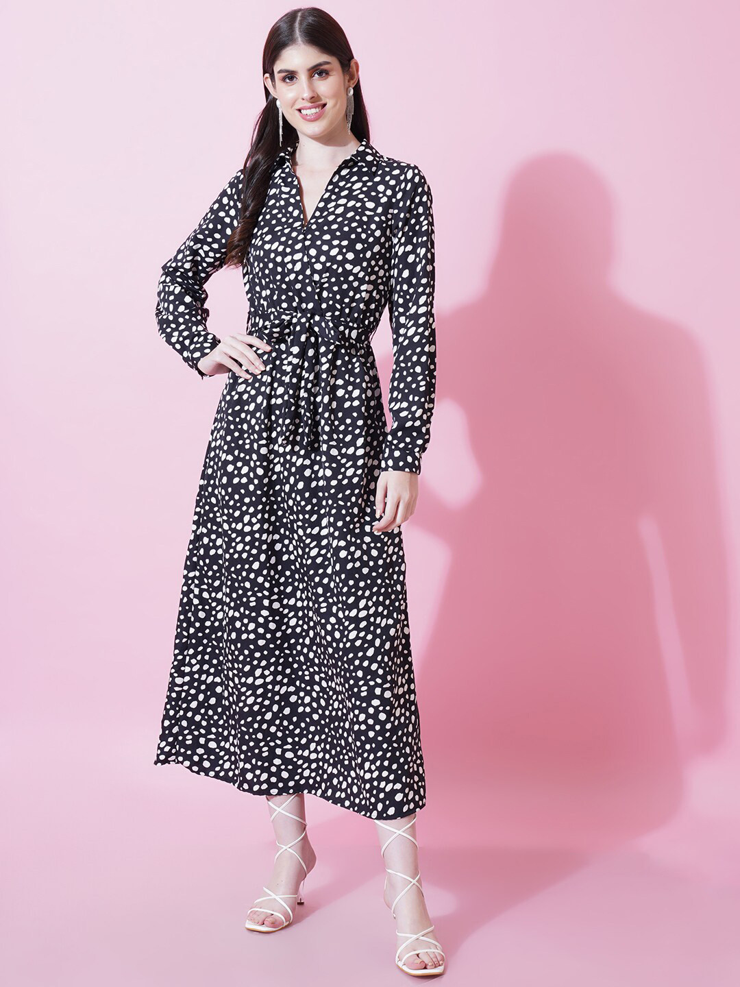IX IMPRESSION Animal Printed Shirt Collar Tie-Ups A-Line Midi Dress
