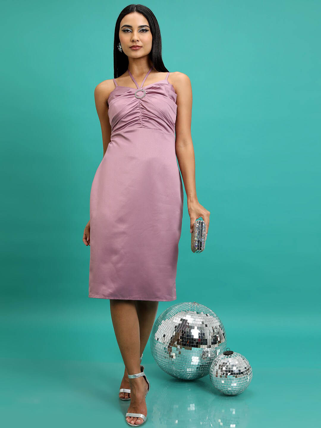 Tokyo Talkies Mauve Shoulder Strap Ruched Satin Sheath Knee Length Dress