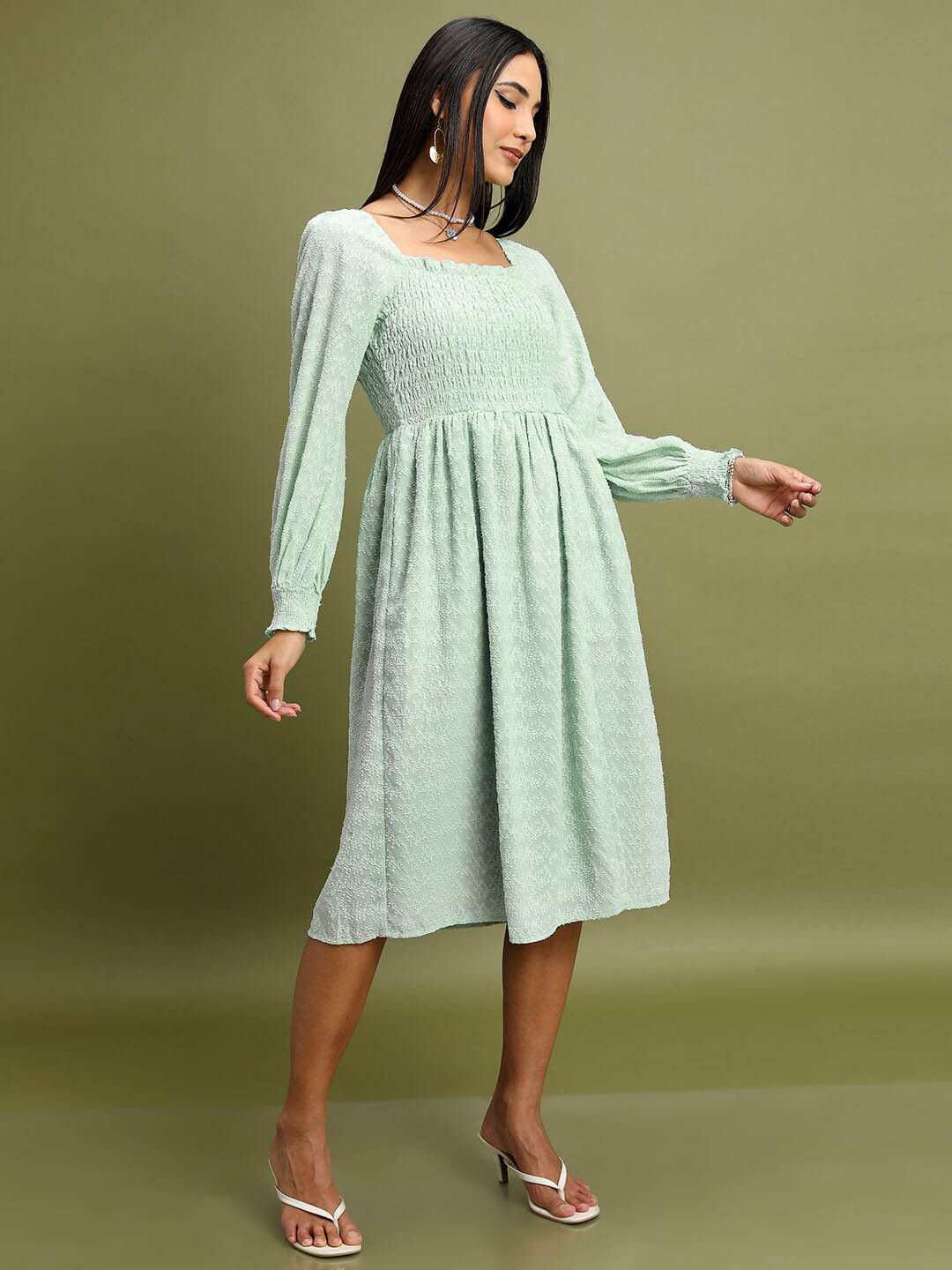 Tokyo Talkies Green Self Design Smocked Fit & Flare Midi Dress