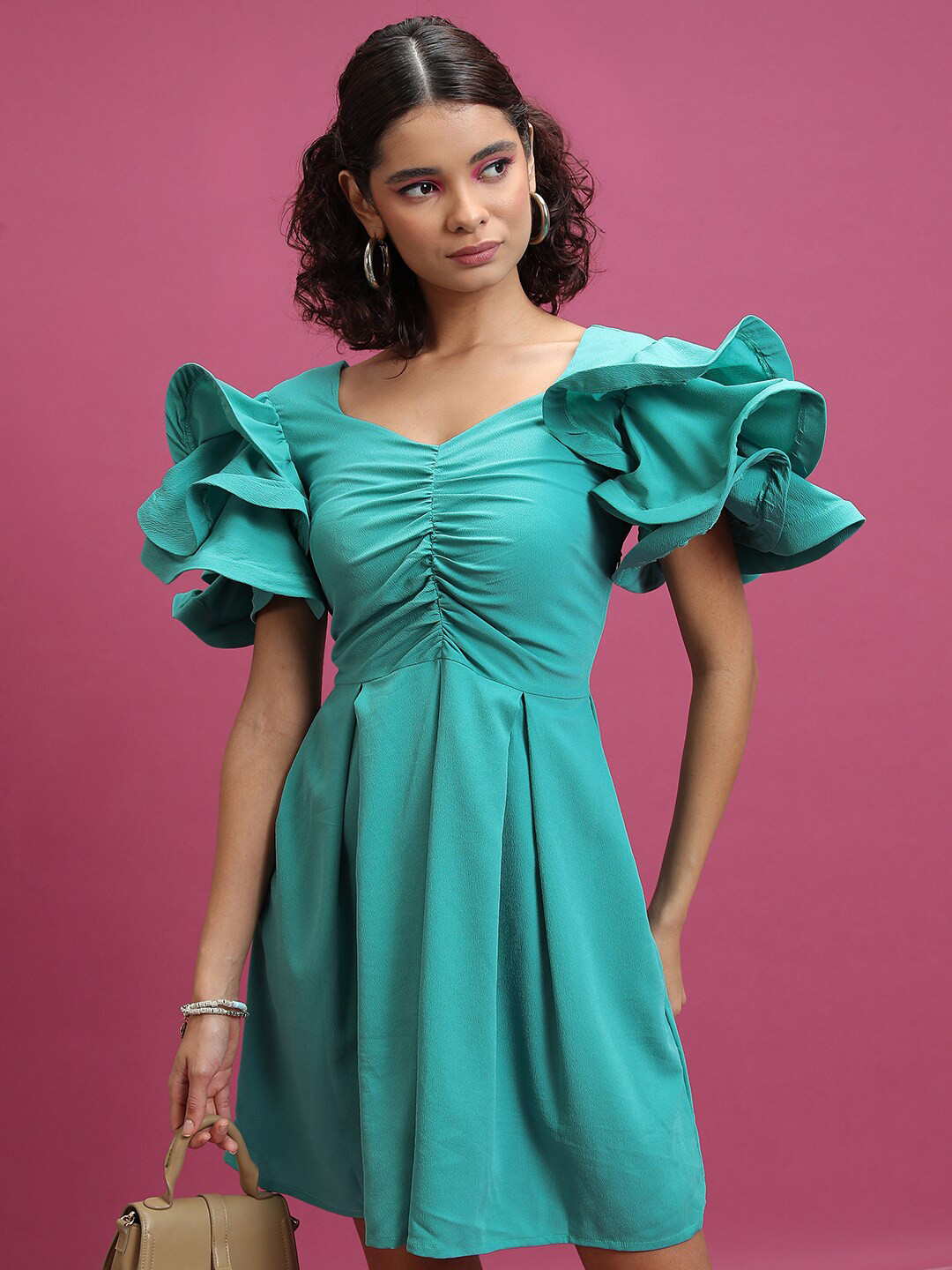 Tokyo Talkies Sea Green Gathered Detailed Flutter Sleeve Fit & Flare Dress
