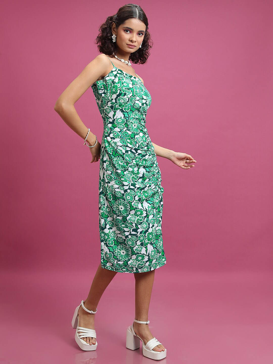 Tokyo Talkies Green Floral Printed Shoulder Straps Gathered Ruched A-Line Midi Dress