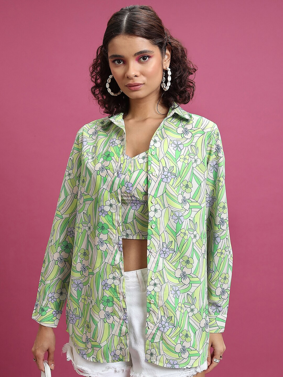 Tokyo Talkies Dropshoulder Oversized Shirt With Crop Top Co-Ords