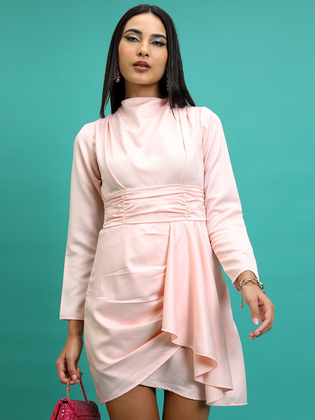 Tokyo Talkies Pink Gathered Detailed High Neck Fit & Flare Dress
