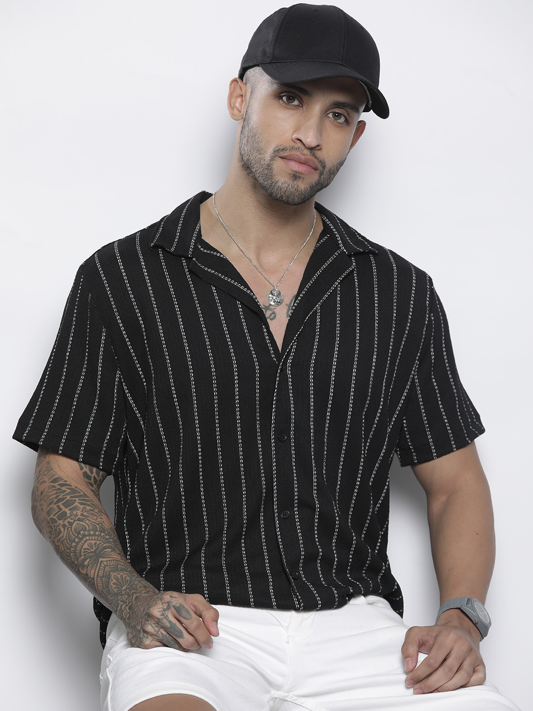 boohooMAN Striped Bowler Shirt