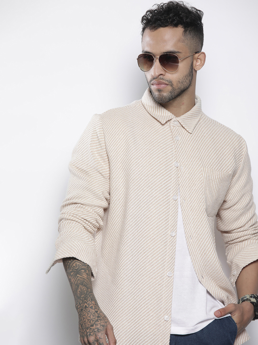 boohooMAN Striped Herringbone Shacket
