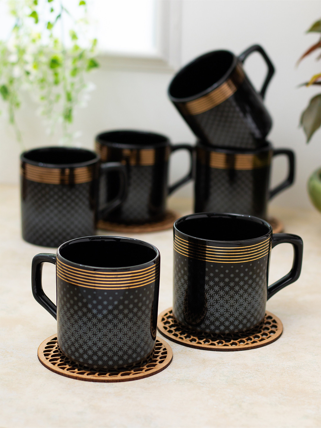 CLAY CRAFT Shashi Name Personalised Black Floral Ceramic Microwave Safe 6 Piece Mugs-180ml