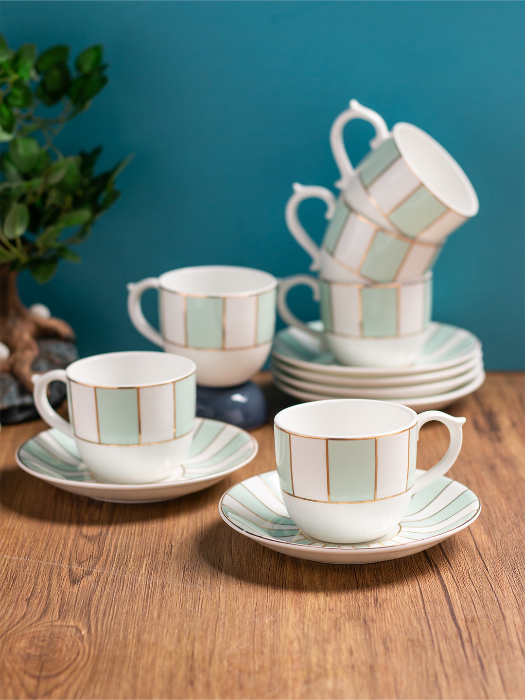 CLAY CRAFT White & Green 12 Pcs Printed Ceramic Glossy Cups and Saucers - 180 ML Each