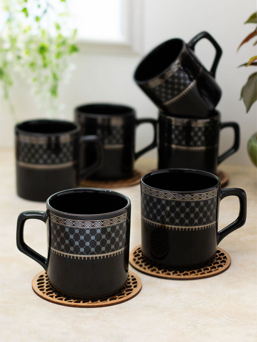 CLAY CRAFT Kalamkari Finesse Sliver Black Geometric Ceramic Handmade 6 Piece Cups-220ml