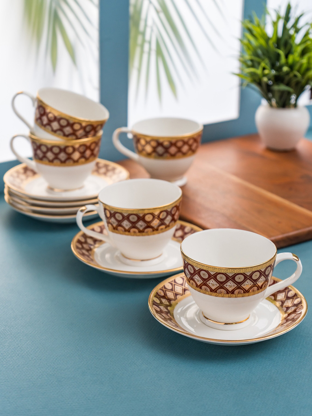 CLAY CRAFT KING VELVET Gold-Toned 12 Pieces Ethnic Printed Ceramic Glossy Cups & Saucers