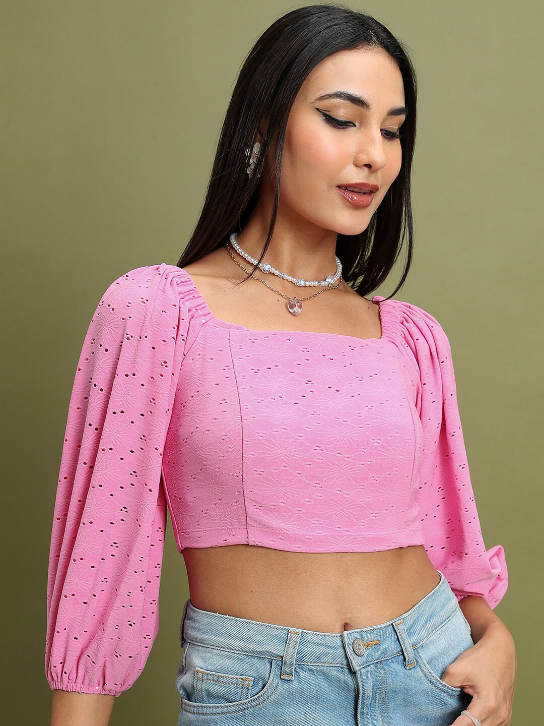 Tokyo Talkies Pink Square Neck Puff Sleeves Crop Top